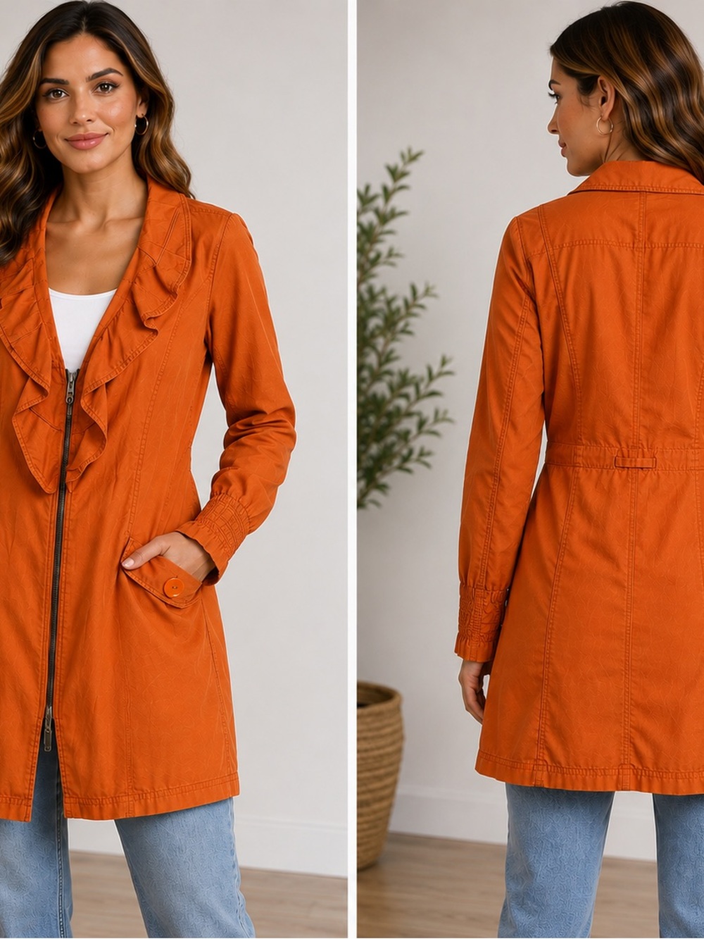Ruffle-Trim Trench Coat - Orange